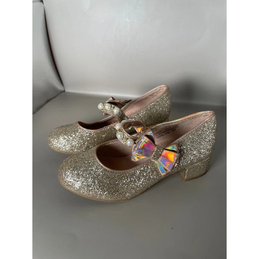 Kelly & Katie Gisele Gold Glitter Pearl Bow Mary Jane Block Heels Kids Size 12M